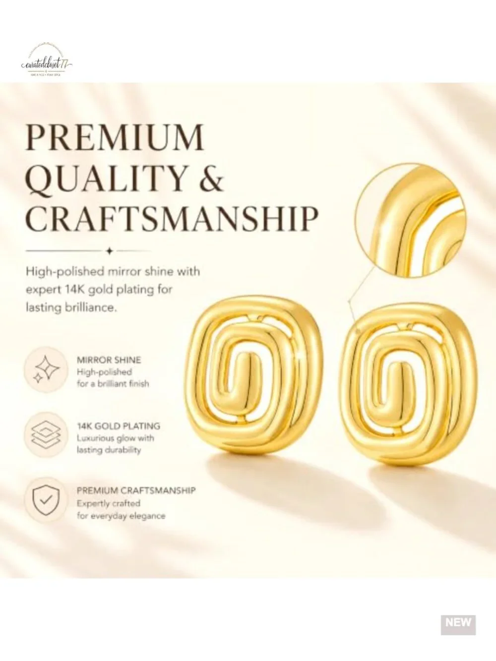 Chunky Gold Tone Square Swirl Stud Earrings Lightweight Statement Jewelry